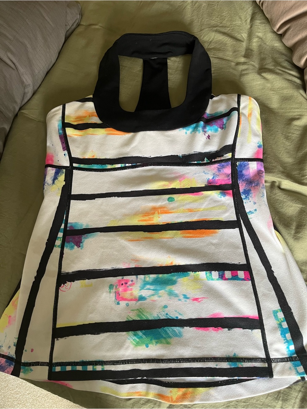 Sleeveless White Halter Top with Black Trim and Multicolor Paint-Splash
